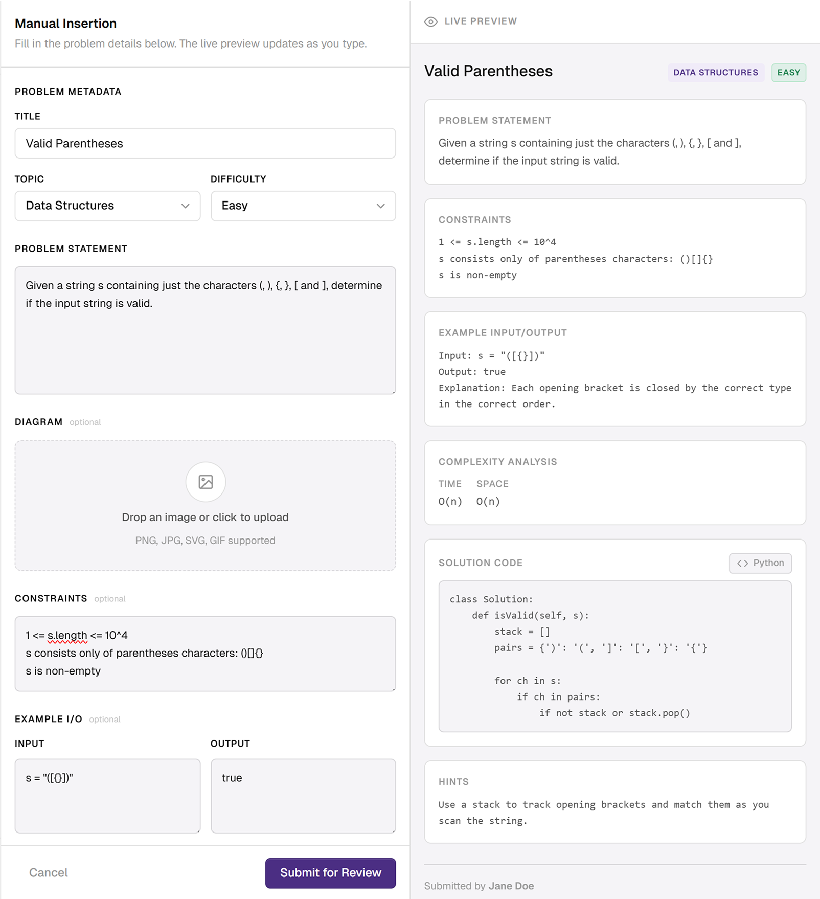 manual problem entry with live preview